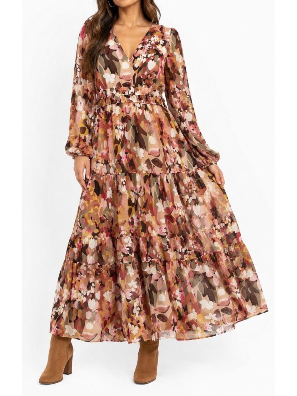 Boho Floral Maxi Dress Tiered Fall Wedding Guest V Neck Long Sleeve Womens XL
